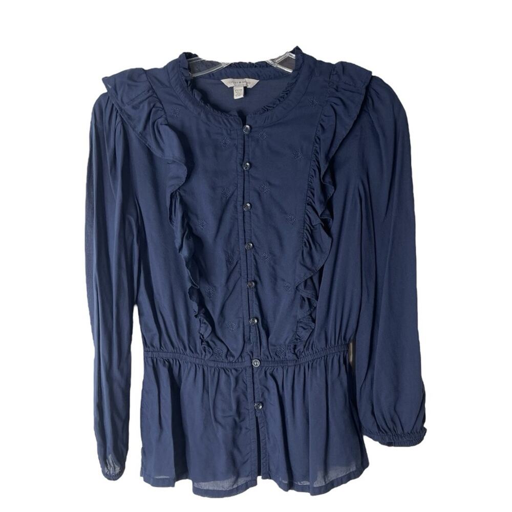 Lucky Brand navy blue button ruffle cottagecore peplum embroidered top XS